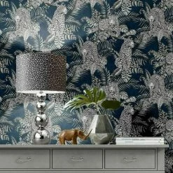 MURIVA Mamboa Tropical Palm Leopard Blue Exotic Jungle Linen Effect Feature Wallpaper -MURIVA SHOP 61257627 4