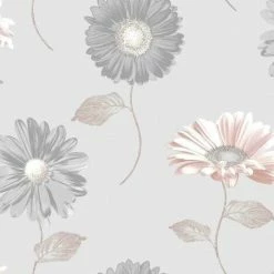 MURIVA Light Grey Rose Gold Pink Flowers Metallic Floral Daisy Smooth Wallpaper 111507