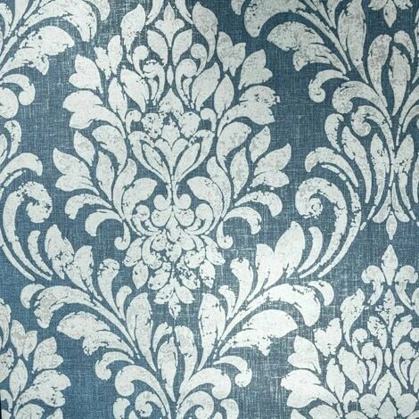 Muriva Eleanor Damask Distressed Metallic Linen Effect Blue Silver Wallpaper 2 Muriva Eleanor Damask Distressed Metallic Linen Effect Blue Silver Wallpaper - Image 2