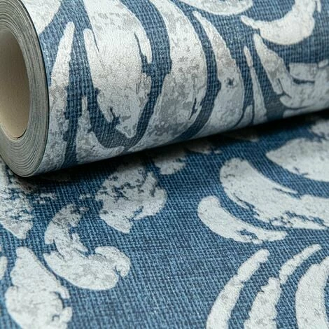 Muriva Eleanor Damask Distressed Metallic Linen Effect Blue Silver Wallpaper 3 Muriva Eleanor Damask Distressed Metallic Linen Effect Blue Silver Wallpaper - Image 3