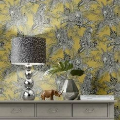 MURIVA Mamboa Tropical Palm Leopard Ochre Yellow Exotic Jungle Linen Effect Wallpaper