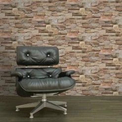 MURIVA Natural Brown Beige Stone Slate Tile Brick Wall Textured 3D Feature Wallpaper