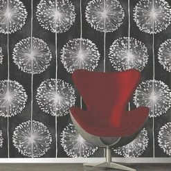 Alternative view of Muriva Dandelion Black Wallpaper J04219 - Feature Wall Metallic Large Flower