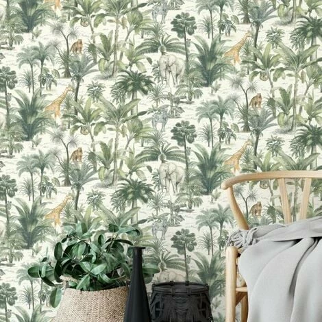 Muriva African Safari Wallpaper (10m X 53cm) (Green/Cream) 2 Muriva African Safari Wallpaper (10m X 53cm) (Green/Cream) - Image 2