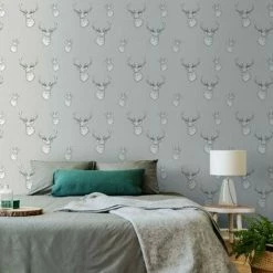 Alternative view of Muriva Catherine Lansfield Stag Head Wallpaper (32.1ft X 21in) (Light Grey)