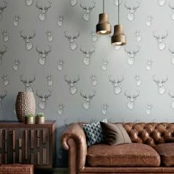 Muriva Catherine Lansfield Stag Head Wallpaper (32.1ft X 21in) (Light Grey) -MURIVA SHOP 70879505 3