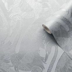 MURIVA Silver Swan Wallpaper Blown Vinyl Embossed Metallic Sheen Glitter Feature Wall