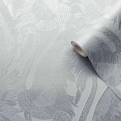 MURIVA Silver Swan Wallpaper Blown Vinyl Embossed Metallic Sheen Glitter Feature Wall 1 MURIVA Silver Swan Wallpaper Blown Vinyl Embossed Metallic Sheen Glitter Feature Wall