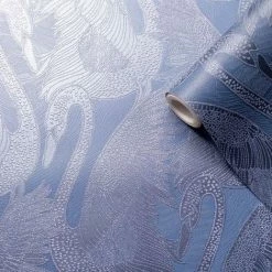 MURIVA Sapphire Swan Wallpaper Blown Vinyl Embossed Metallic Sheen Glitter Feature Wall