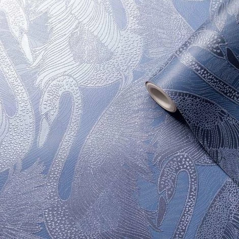 MURIVA Sapphire Swan Wallpaper Blown Vinyl Embossed Metallic Sheen Glitter Feature Wall 1 MURIVA Sapphire Swan Wallpaper Blown Vinyl Embossed Metallic Sheen Glitter Feature Wall
